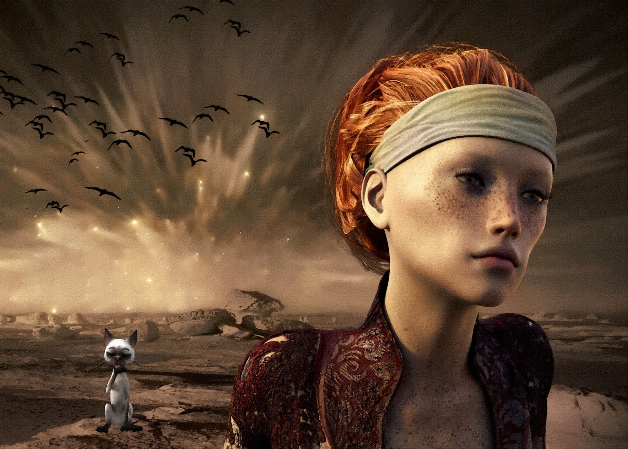 Freckled girl with red hair stands in a desert wasteland as birds flee a fiery explosion; a cat sits calmly nearby.