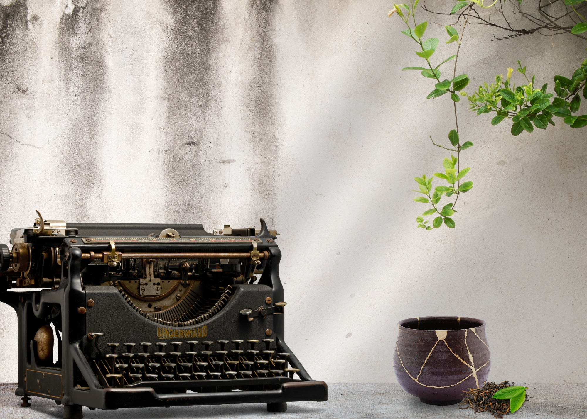 Vintage Underwood typewriter beside a kintsugi-repaired ceramic bowl, with loose leaf tea in front of a worn wall.
