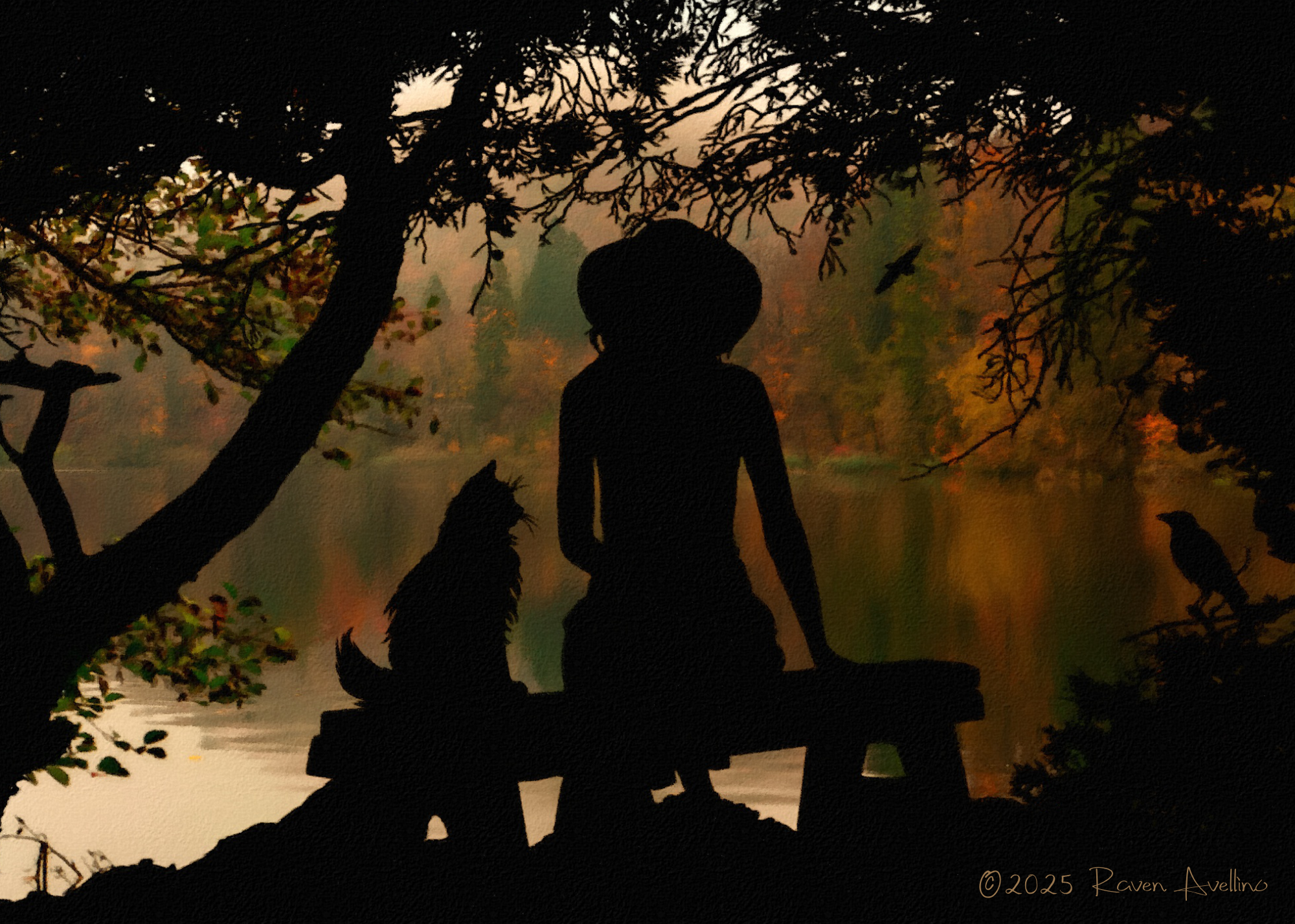 Silhouette of a woman and cat on a bench by a lake in the fall, surrounded by quiet woods.