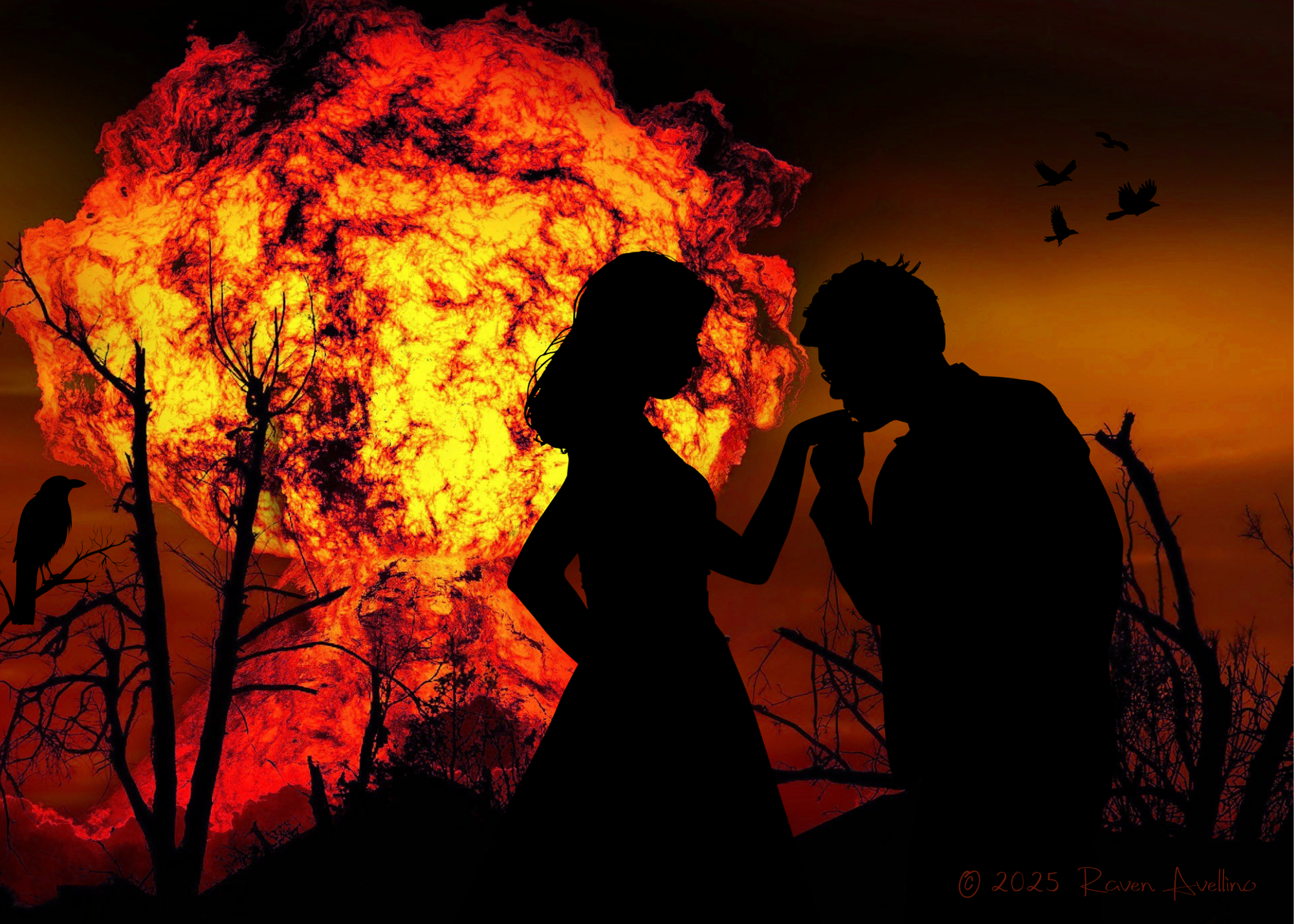 Artwork of a silhouetted couple embracing with a nuclear explosion in the distance—a satirical depiction of unrealistic romance tropes.
