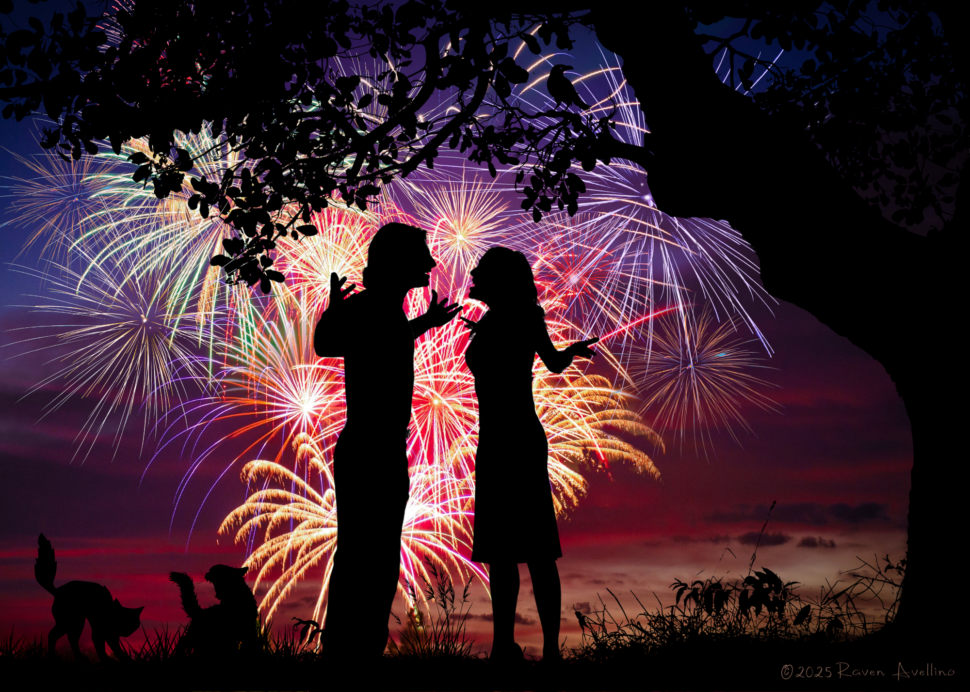 Silhouettes of two fighting cats next to an arguing couple beneath colorful fireworks in a twilight sky.