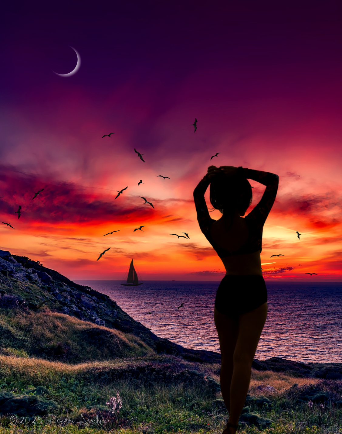 Silhouette of a woman standing on a cliffside at sunset, arms raised, facing the ocean with birds flying overhead and a sailboat on the horizon beneath a crescent moon.