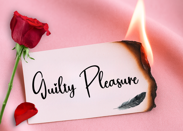 Rose next to a burning label with the words “guilty pleasure”, symbolizing the rejection of shame in romantic fiction. Black feather representing author Raven Avellino.