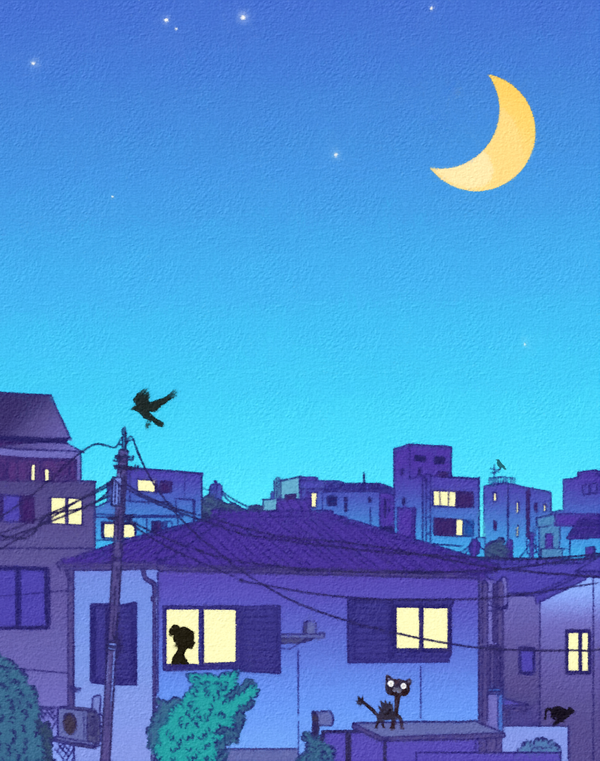 Cartoon cat on a rooftop at night with a crescent moon overhead and city buildings in the background