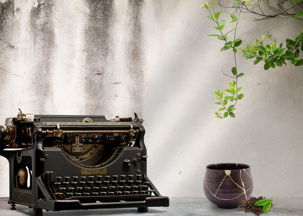 Vintage Underwood typewriter beside a kintsugi-repaired ceramic bowl, with loose leaf tea in front of a worn wall.