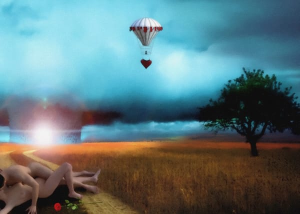 Artwork of a couple embracing in a field with a nuclear explosion in the distance—a satirical depiction of unrealistic romance tropes.