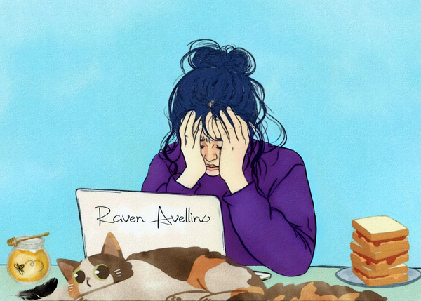 Tired woman surrounded by a laptop, peanut butter sandwiches, and a cat, symbolizing writer burnout. Black feather next to the cat representing author Raven Avellino.