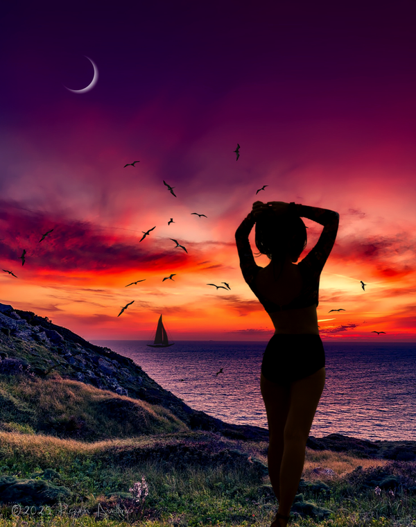 Silhouette of a woman standing on a cliffside at sunset, arms raised, facing the ocean with birds flying overhead and a sailboat on the horizon beneath a crescent moon.