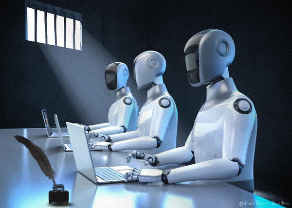 Three humanoid robots typing on laptops in a dimly lit room, with a beam of sunlight shining through a barred window onto a feather quill and inkwell.