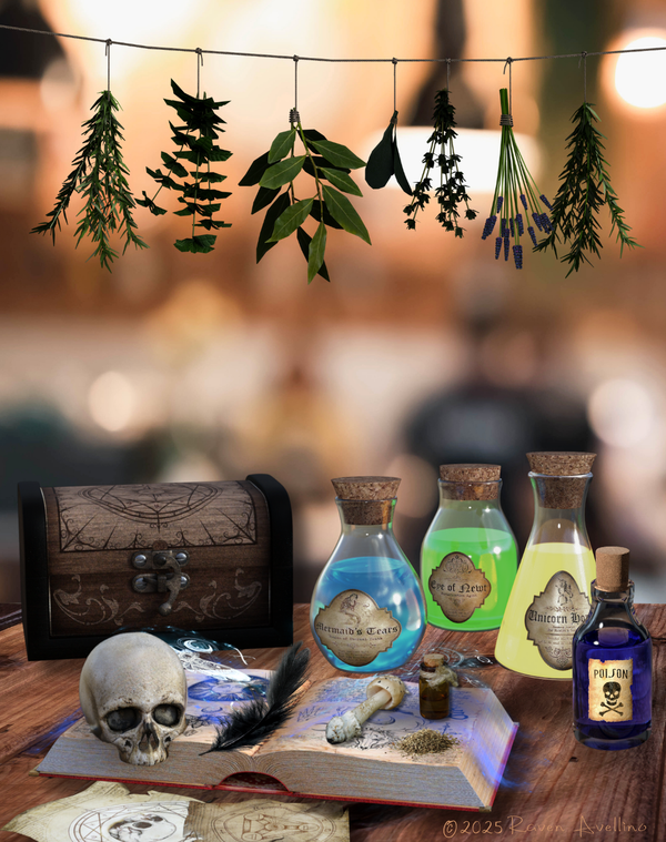 A still life with hanging herbs, potion bottles, a poison bottle, a skull, and an open spellbook on a wooden table.